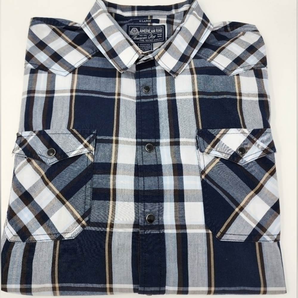 American Rag Snap Button Down Plaid Multi Color Long Sleeve Shirt Size XL